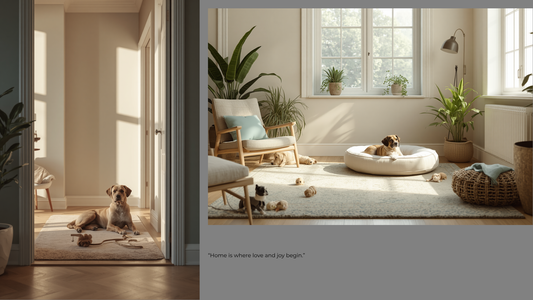 Newly adopted rescue dog resting calmly beside its person in a modern home