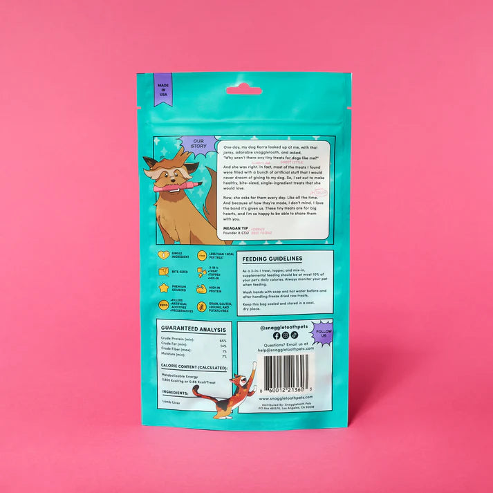Up Dog X Snaggletooth Special Collab Bundle - Teal pet food package with cartoon illustrations on a pink background