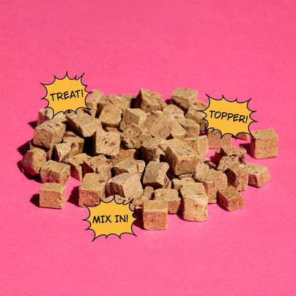 Up Dog X Snaggletooth Special Collab Bundle - Brown cube-shaped treats on a pink background with text labels.