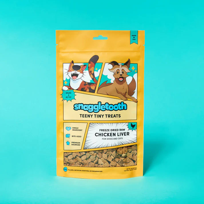 Up Dog X Snaggletooth Special Collab Bundle - Snaggletooth Teeny Tiny Treats package for dogs and cats on a blue background